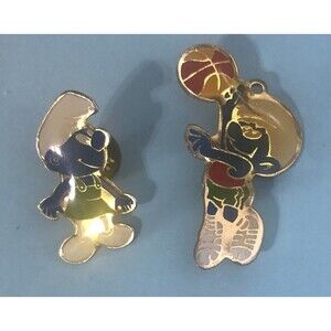 2 Smurf Pins Basketball Player and fan, Enameled clasp back & post back pins